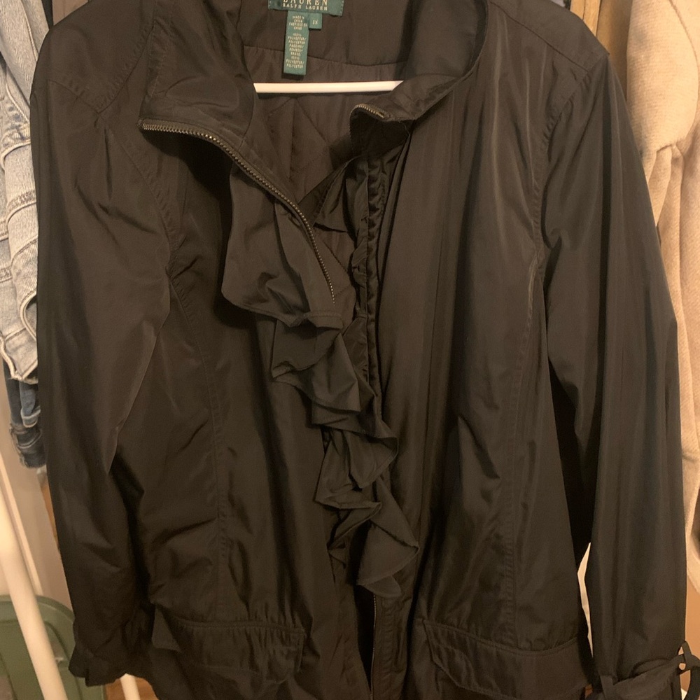 Ralph Lauren Black Trench Coat with Ruffle Detail